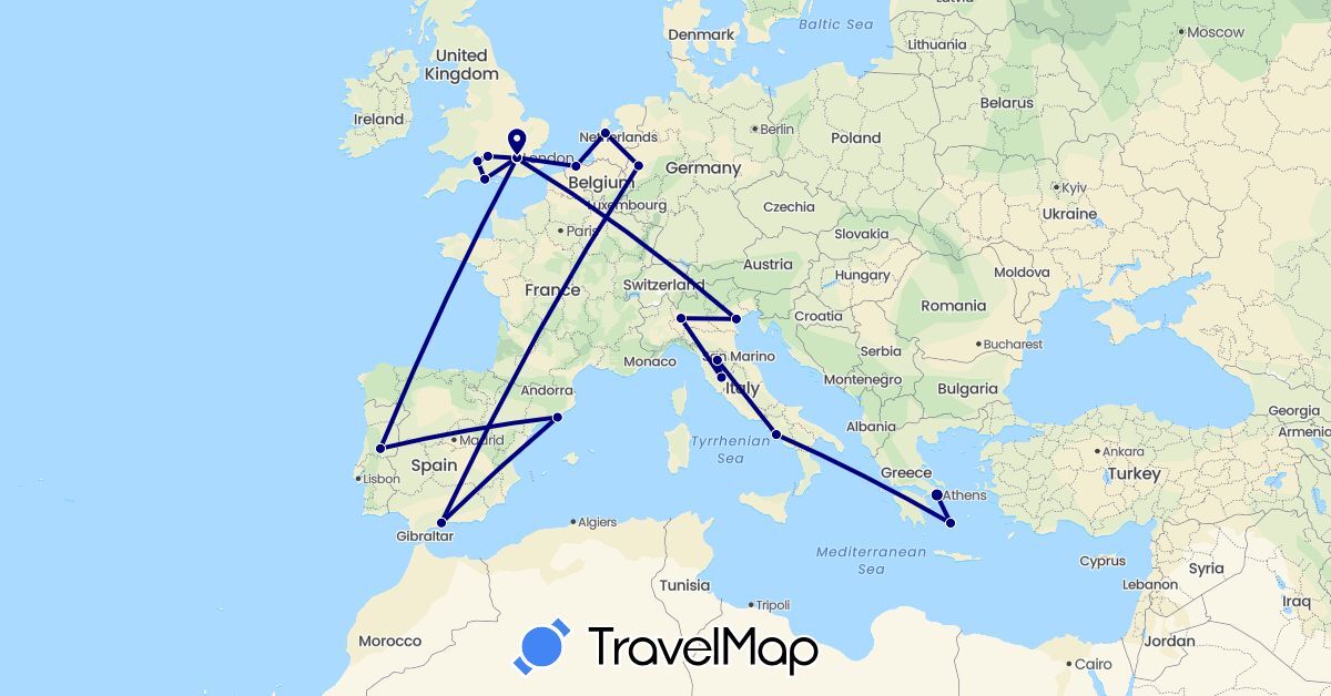 TravelMap itinerary: driving in Belgium, Germany, Spain, United Kingdom, Greece, Italy, Netherlands, Portugal (Europe)
